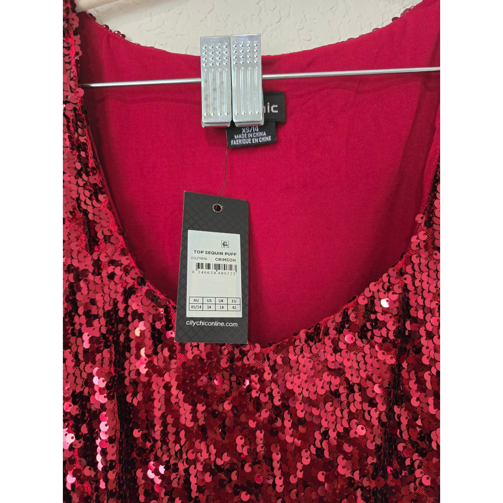 NWT but Flawed City Chic Red Sequin Puff Sleeve Peplum Top Size 14 - Picture 5 of 6